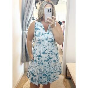 Carve Designs Button Front Babydoll Tunic Tie Dye Mini Dress White Blue Small
